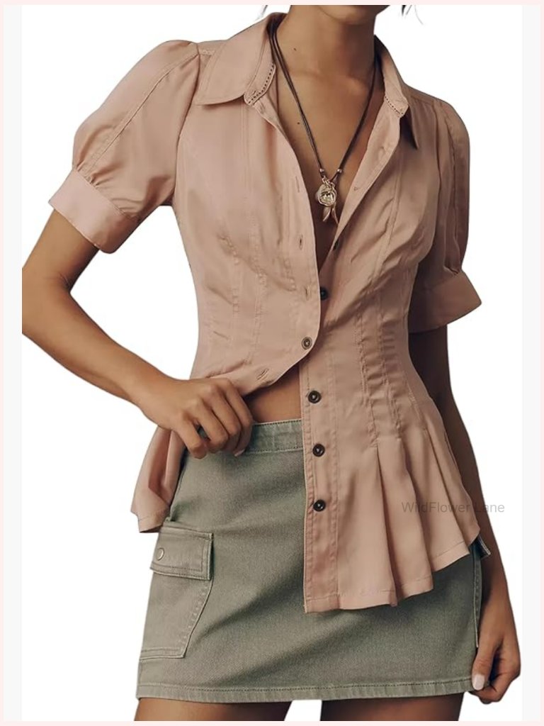 Puff Sleeve Blouse Cinched Waist, Peplum Hem, Button Down, Lightweight Cotton